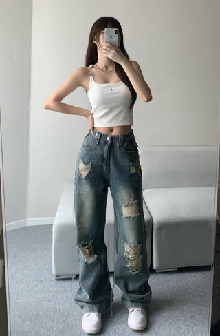 Vintage Damaged Wide Denim Pants Jeans Unique y2k