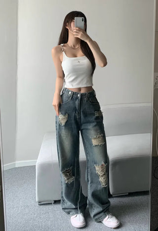 Vintage Damaged Wide Denim Pants Jeans Unique y2k