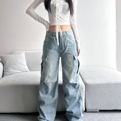 Pintuck Washed Light Blue Wide Cargo Pants Daily