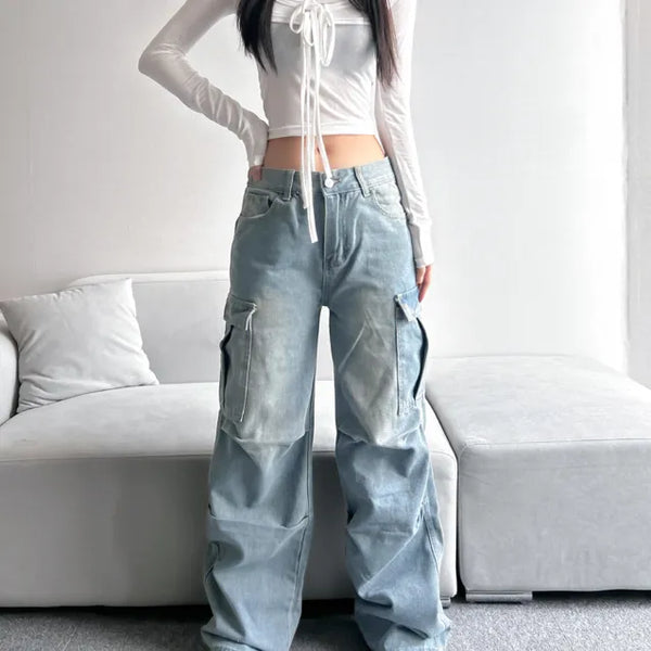 Pintuck Washed Light Blue Wide Cargo Pants Daily