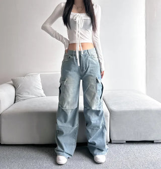 Pintuck Washed Light Blue Wide Cargo Pants Daily