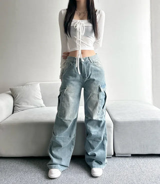 Pintuck Washed Light Blue Wide Cargo Pants Daily