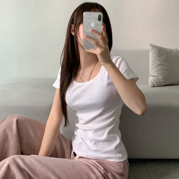 Loose Fit U-Neck Short Sleeve T-Shirt Basic Arm