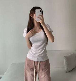 Loose Fit U-Neck Short Sleeve T-Shirt Basic Arm