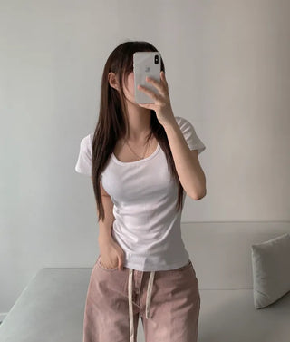 Loose Fit U-Neck Short Sleeve T-Shirt Basic Arm
