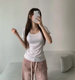 Loose Fit U-Neck Short Sleeve T-Shirt Basic Arm