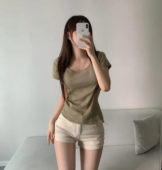 Loose Fit U-Neck Short Sleeve T-Shirt Basic Arm