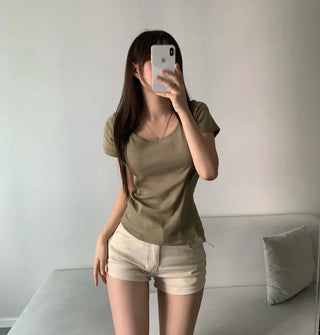 Loose Fit U-Neck Short Sleeve T-Shirt Basic Arm