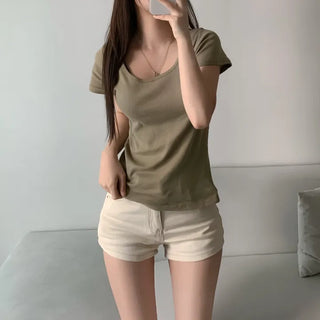 Loose Fit U-Neck Short Sleeve T-Shirt Basic Arm