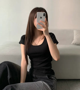 Loose Fit U-Neck Short Sleeve T-Shirt Basic Arm