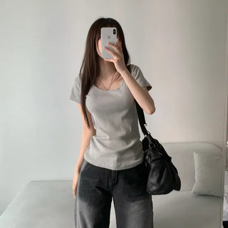 Loose Fit U-Neck Short Sleeve T-Shirt Basic Arm