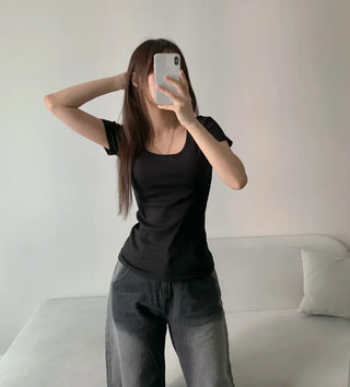 Loose Fit U-Neck Short Sleeve T-Shirt Basic Arm