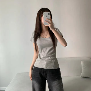 Loose Fit U-Neck Short Sleeve T-Shirt Basic Arm