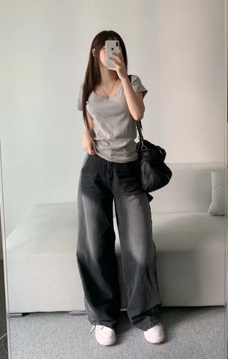 Loose Fit U-Neck Short Sleeve T-Shirt Basic Arm
