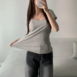 Loose Fit U-Neck Short Sleeve T-Shirt Basic Arm