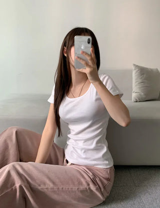 Loose Fit U-Neck Short Sleeve T-Shirt Basic Arm