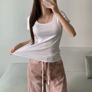 Loose Fit U-Neck Short Sleeve T-Shirt Basic Arm