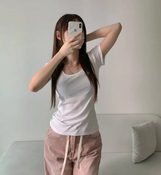 Loose Fit U-Neck Short Sleeve T-Shirt Basic Arm