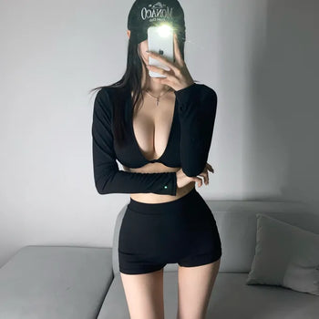 Long Sleeve Twist Bikini Two-Piece Shorts Monokini Rash