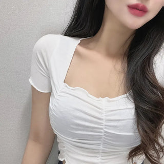 Square Neck Shirred Crop Short Sleeve T-Shirt