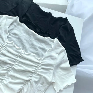 Square Neck Shirred Crop Short Sleeve T-Shirt