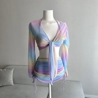 Rainbow See-through Cover-up Bikini Set Piece Resort Look
