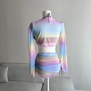 Rainbow See-through Cover-up Bikini Set Piece Resort Look