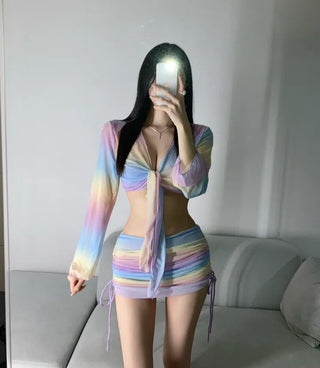 Rainbow See-through Cover-up Bikini Set Piece Resort Look