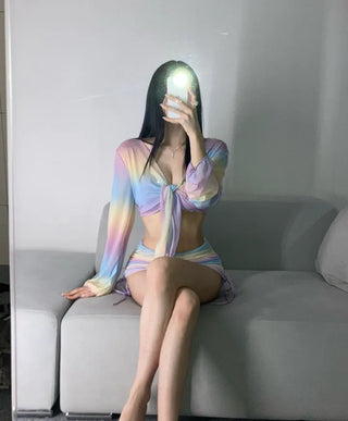 Rainbow See-through Cover-up Bikini Set Piece Resort Look