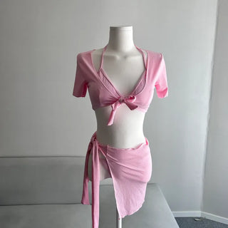 Short Sleeve Piece Bikini Ribbon Cover-up Body Profile