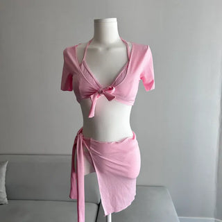 Short Sleeve Piece Bikini Ribbon Cover-up Body Profile