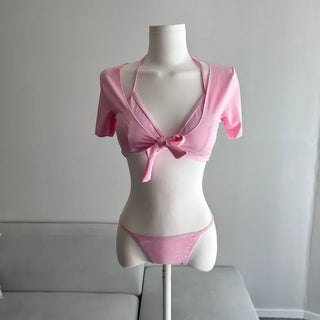 Short Sleeve Piece Bikini Ribbon Cover-up Body Profile