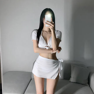 Short Sleeve Piece Bikini Ribbon Cover-up Body Profile