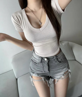 Stretchy V-neck Short Sleeve Rolled Tee Tight-fit Sexy