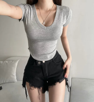 Stretchy V-neck Short Sleeve Rolled Tee Tight-fit Sexy