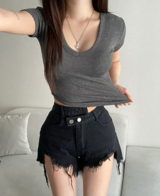 Stretchy V-neck Short Sleeve Rolled Tee Tight-fit Sexy