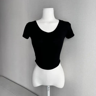 Stretchy V-neck Short Sleeve Rolled Tee Tight-fit Sexy