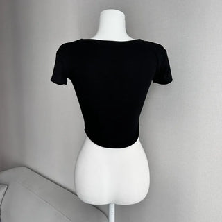 Stretchy V-neck Short Sleeve Rolled Tee Tight-fit Sexy