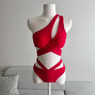 Red Slit One-Shoulder Bikini Strap Ribbon Sexy Glam