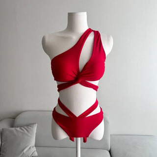 Red Slit One-Shoulder Bikini Strap Ribbon Sexy Glam