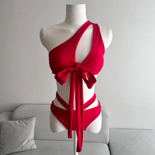 Red Slit One-Shoulder Bikini Strap Ribbon Sexy Glam