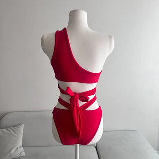 Red Slit One-Shoulder Bikini Strap Ribbon Sexy Glam