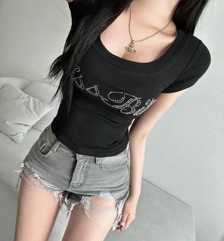 Twinkle Hotfix U-Neck Short Sleeve Tee Crop Summer