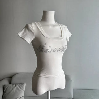 Twinkle Hotfix U-Neck Short Sleeve Tee Crop Summer