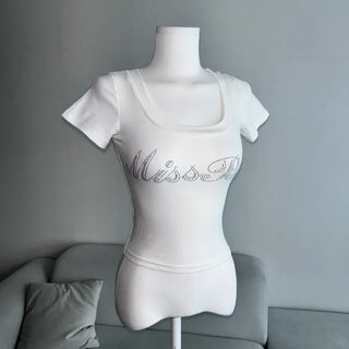 Twinkle Hotfix U-Neck Short Sleeve Tee Crop Summer