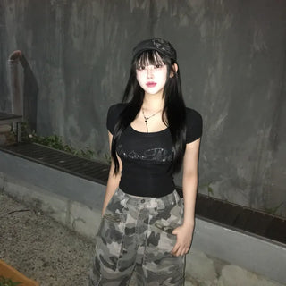 Twinkle Hotfix U-Neck Short Sleeve Tee Crop Summer