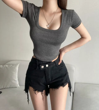 Stretchy U-Neck Short Sleeve Rolled Tee Tight-fit Sexy