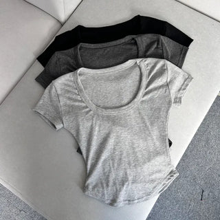 Stretchy U-Neck Short Sleeve Rolled Tee Tight-fit Sexy