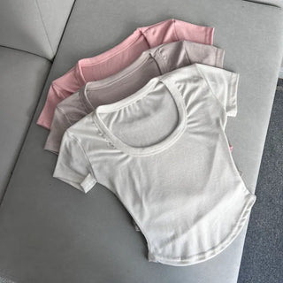 Stretchy U-Neck Short Sleeve Rolled Tee Tight-fit Sexy