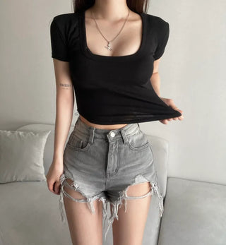 Stretchy U-Neck Short Sleeve Rolled Tee Tight-fit Sexy
